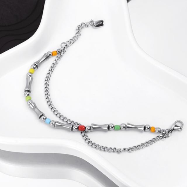 Popular colorful seed bead two layer bamboo stainless steel bracelet for men