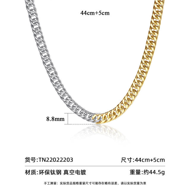 Two tone hiphop cuban link chain stainless steel chain necklace