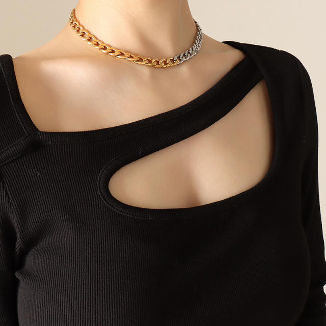 Hiphop two tone cuban link chain stainless steel choker necklace for women