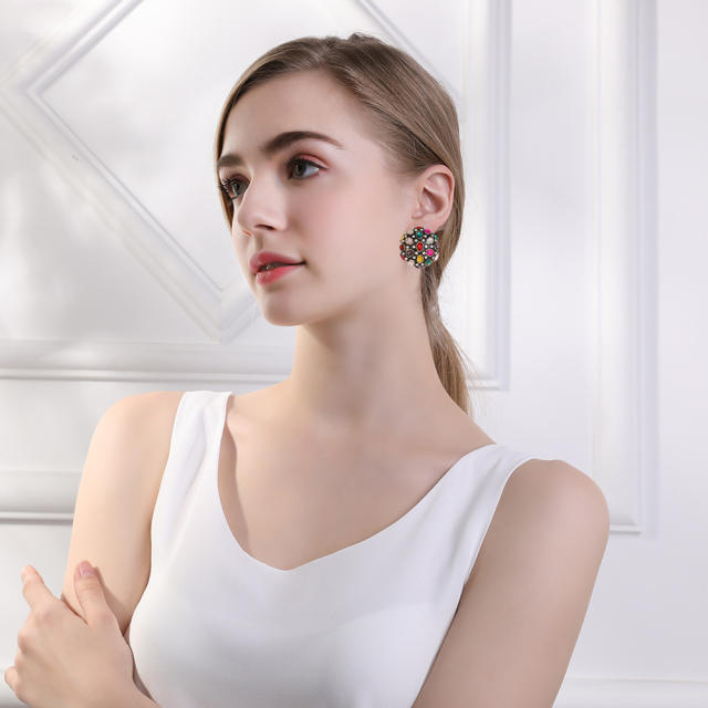 Concise personality colorful rhinestone ball studs earrings