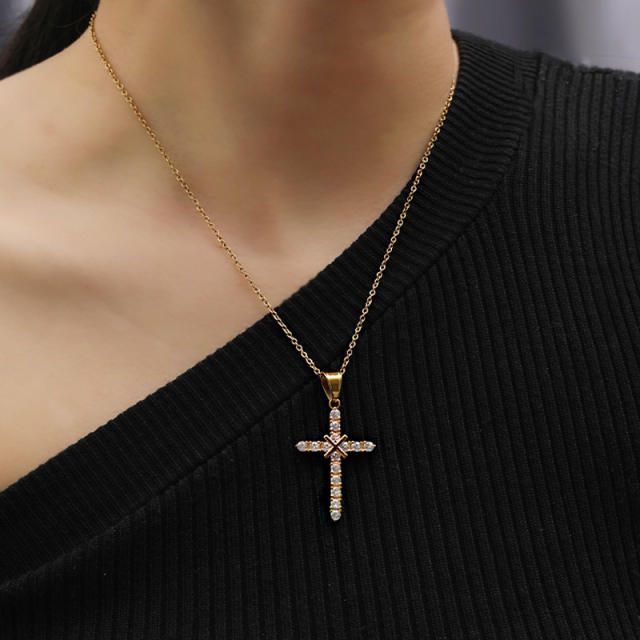 Classic diamond cross stainless steel necklace for women