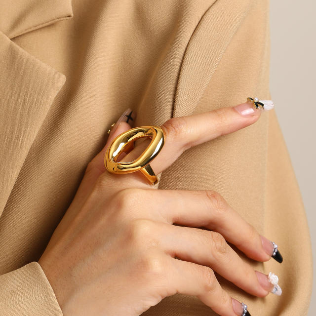 18KG chunky geometric hollow out circle stainless steel finger rings for women