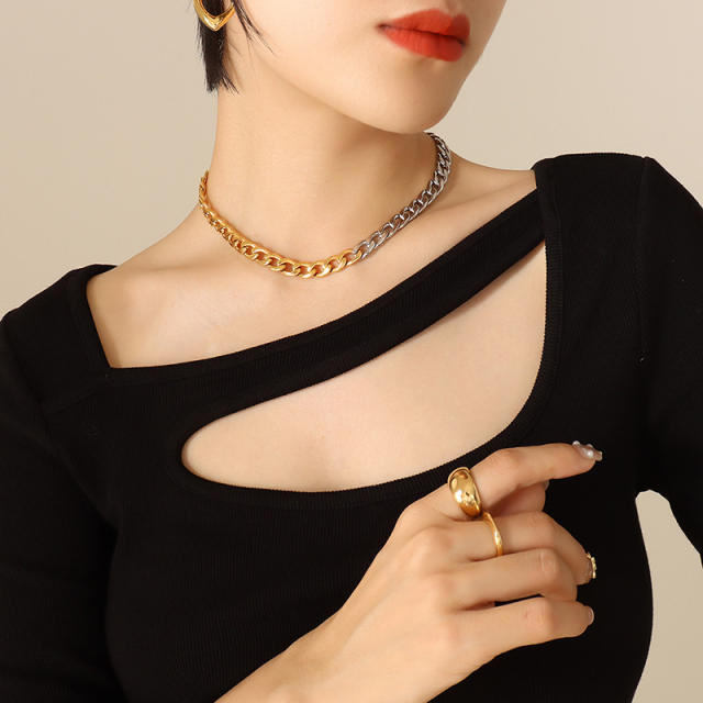 Hiphop two tone cuban link chain stainless steel choker necklace for women