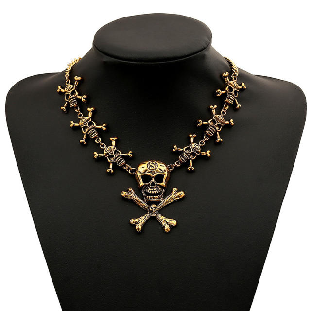 Halloween vintage gold color skull head bone metal necklace