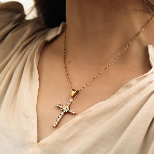 Classic diamond cross stainless steel necklace for women