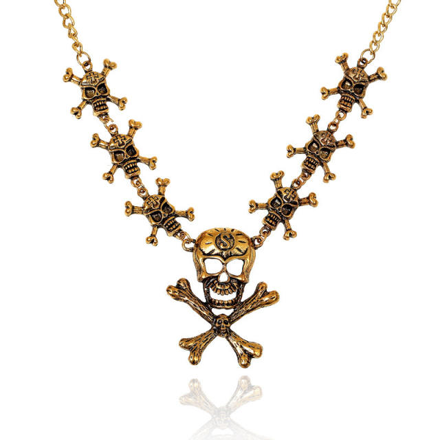 Halloween vintage gold color skull head bone metal necklace