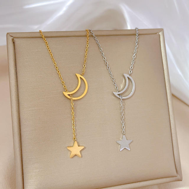 Korean fashion hollow out moon star lariat necklace stainless steel necklace