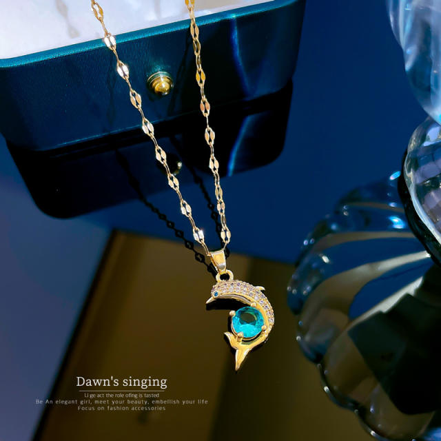 Delicate ocean series dolphin copper pendant stainless steel chain necklace