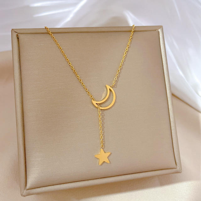 Korean fashion hollow out moon star lariat necklace stainless steel necklace