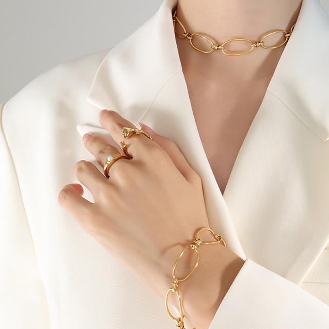18KG geometric oval ring stainless steel choker chain necklace bracelet set