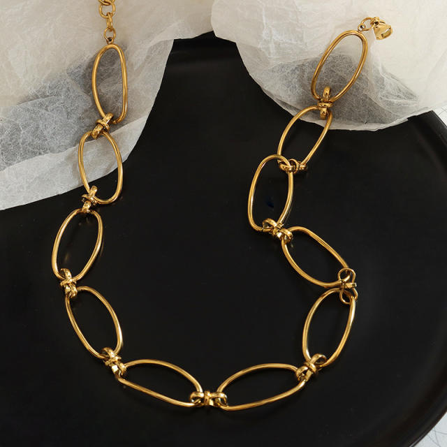 18KG geometric oval ring stainless steel choker chain necklace bracelet set