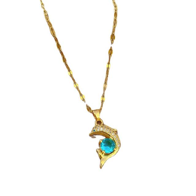 Delicate ocean series dolphin copper pendant stainless steel chain necklace