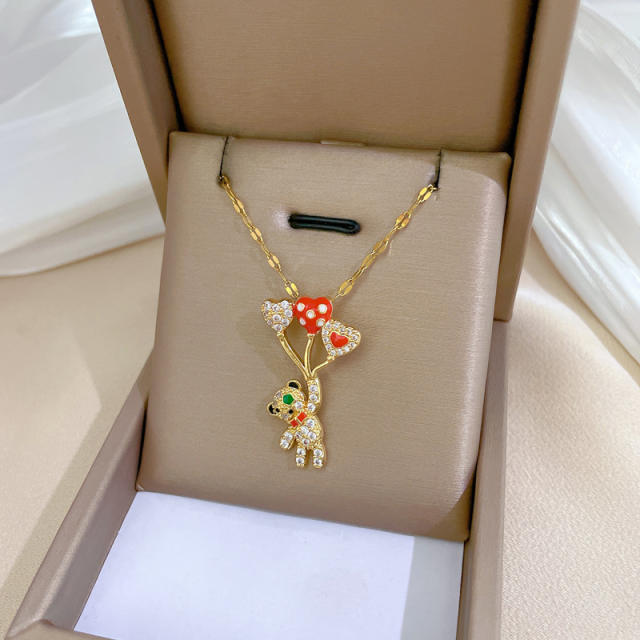 Delicate cute balloon bear copper pendant stainless steel chain necklace for women