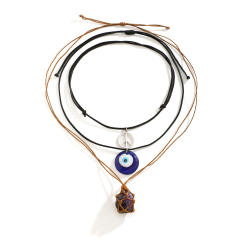 Vintage boho evil eye charm wax rope layer necklace for women