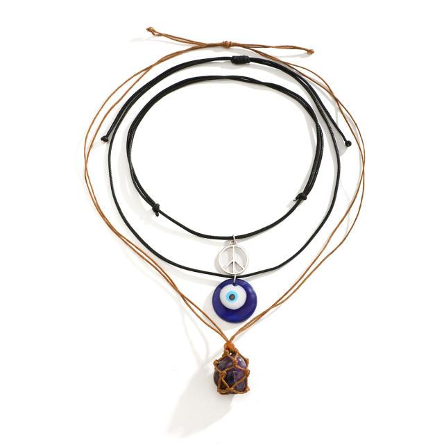 Vintage boho evil eye charm wax rope layer necklace for women