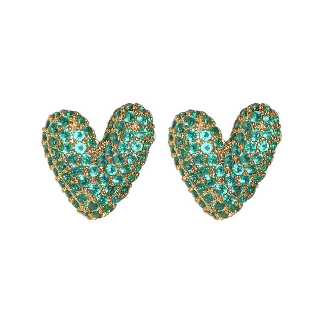 Real gold plated green color cubic zircon pave setting heart studs earrings