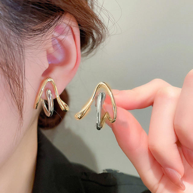 Unique two tone goemtric line copper ear studs earrings for women