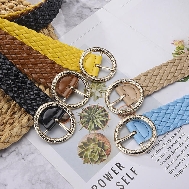 Candy color PU leather braid round buckle belt for women dress belt