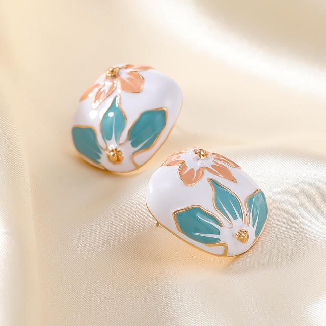 Fresh enamel flower white color metal studs earrings