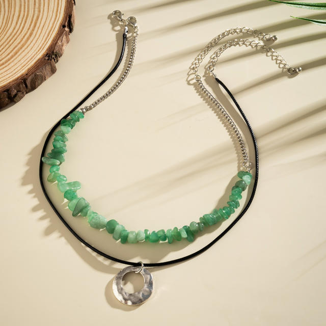 Vintage boho green color stone silver circle charm two layer necklace for women