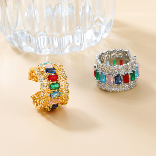 Luxury rainbow cubic zircon pave setting chunky gold plated copper rings