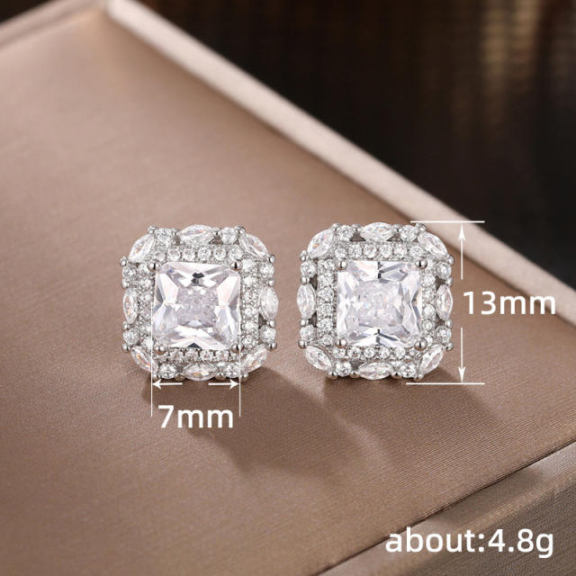 Classic diamond rose red cubic zircon square studs earrings