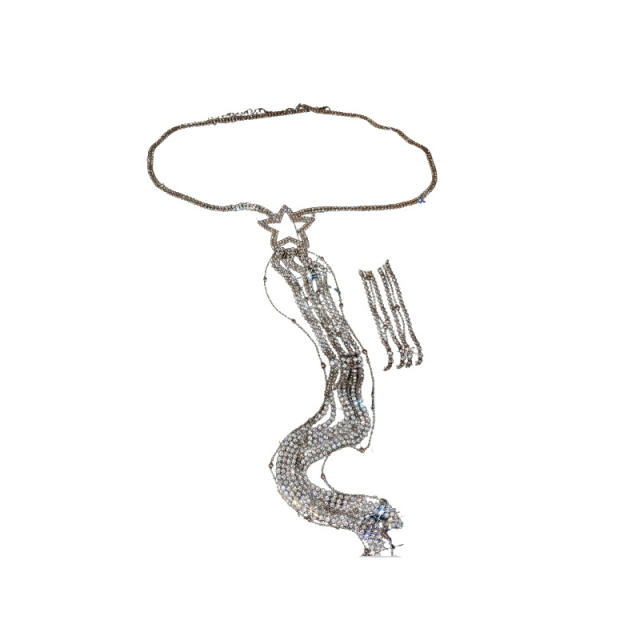 Delicate hollow out star diamond tassel earrings necklace set