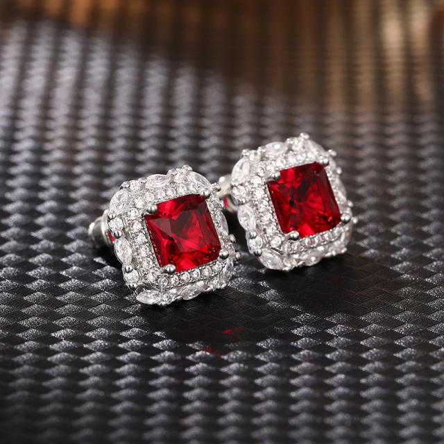 Classic diamond rose red cubic zircon square studs earrings