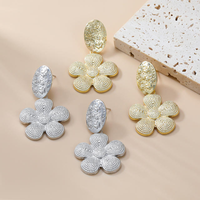 Chunky gold silver color metal flower petal dangle earrings
