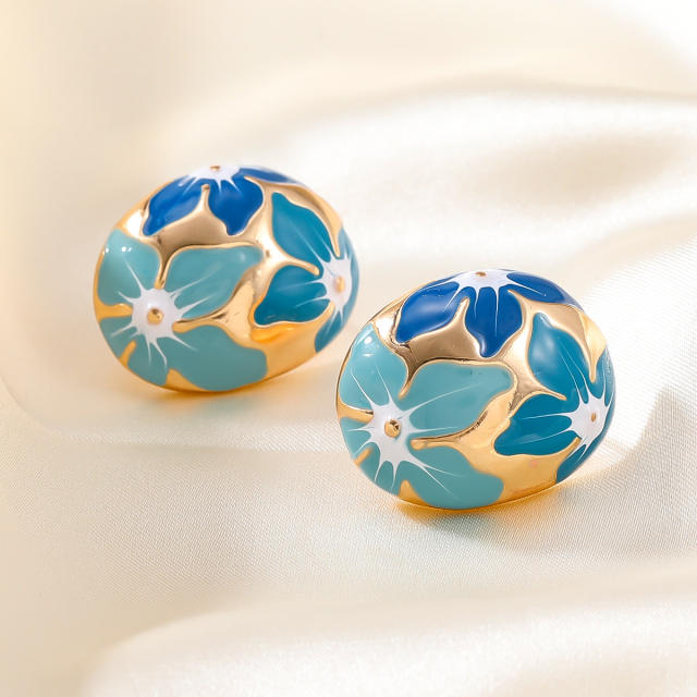 Sweet enamel flower oval shape metal studs earrings