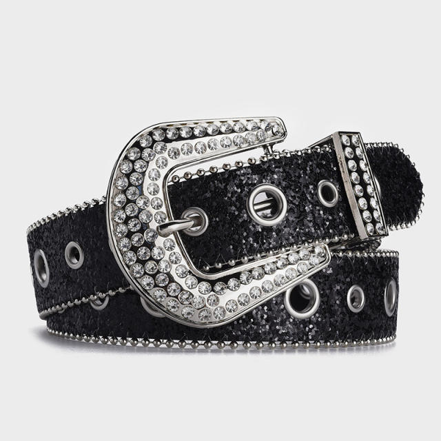 Punk trend rhinestone shiny PU leather buckle belt