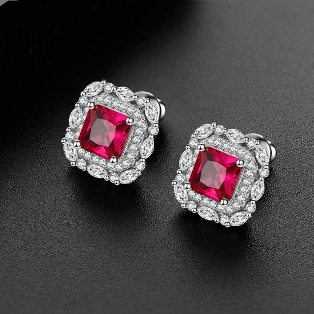 Classic diamond rose red cubic zircon square studs earrings