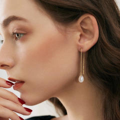 925 Sterling silver elegant water pearl drop threader earrings