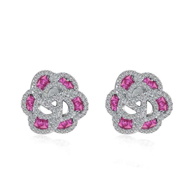 925 sterling silver color cubic zircon clover flower studs earrings