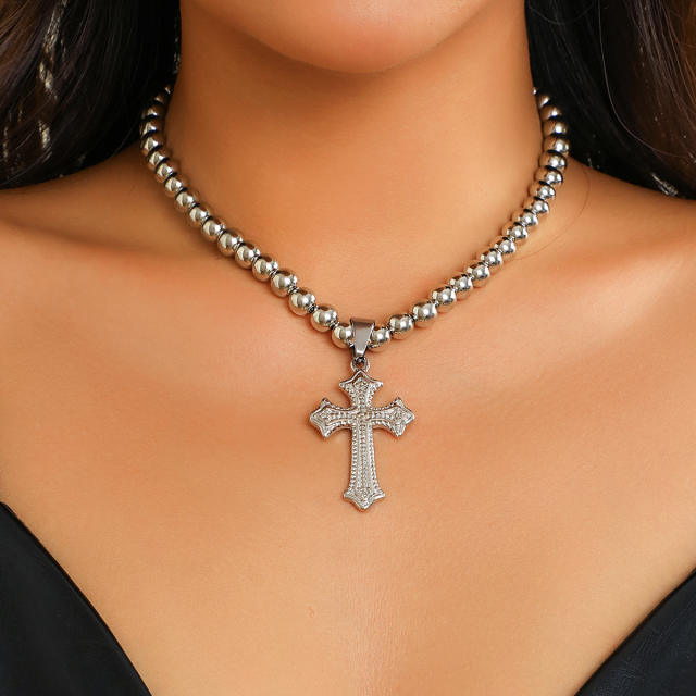 Punk trend cross charm ball bead choker necklace