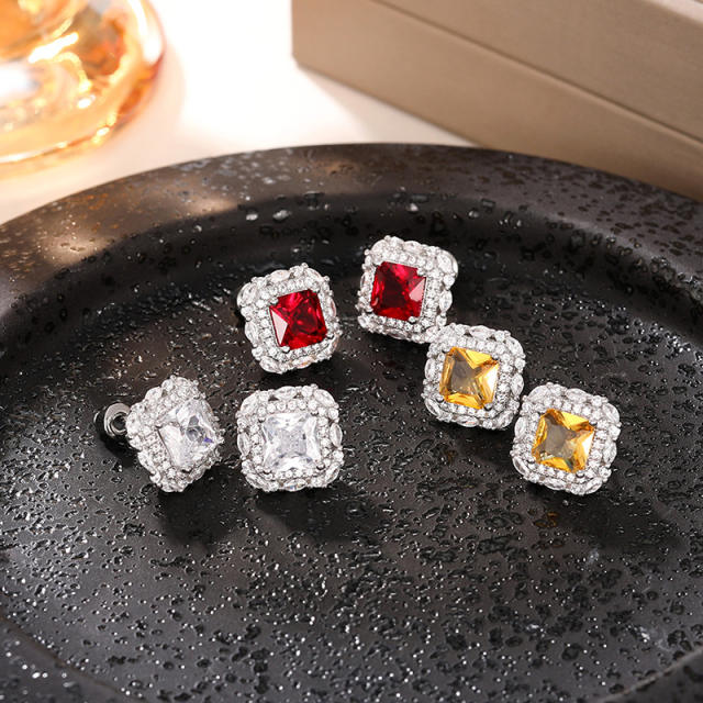 Classic diamond rose red cubic zircon square studs earrings