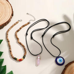 Vintage boho blue eye evil eye charm wax rope layer necklace for women
