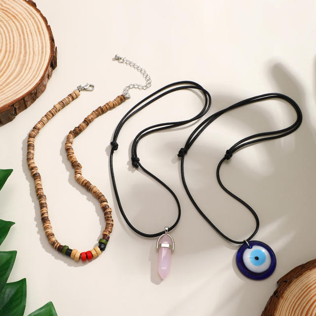 Vintage boho blue eye evil eye charm wax rope layer necklace for women