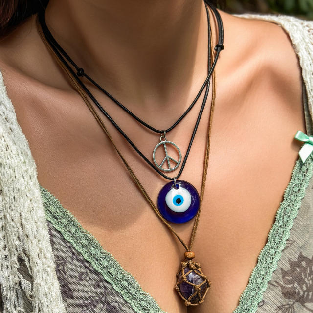 Vintage boho evil eye charm wax rope layer necklace for women