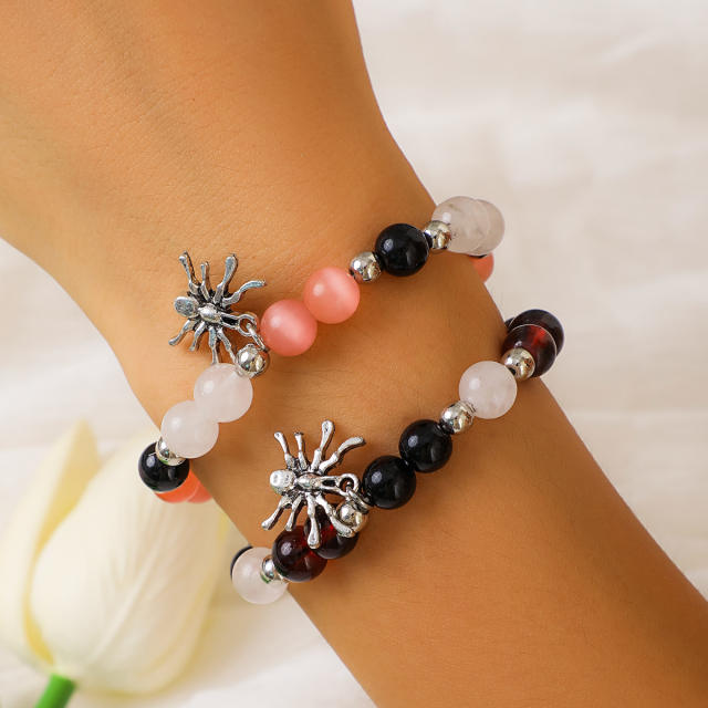2pcs set halloween spider charm colorful bead bracelet set