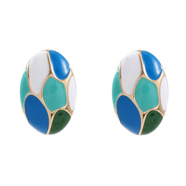 Sweet contrast color enamel oval shape metal studs earrings