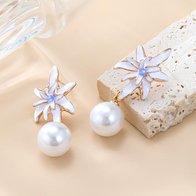 Summer enamel flower pearl drop earrings