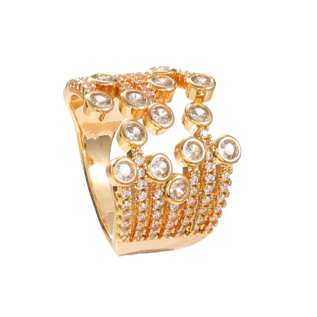 Chunky pave setting cubic zircon gold plated copper rings for women
