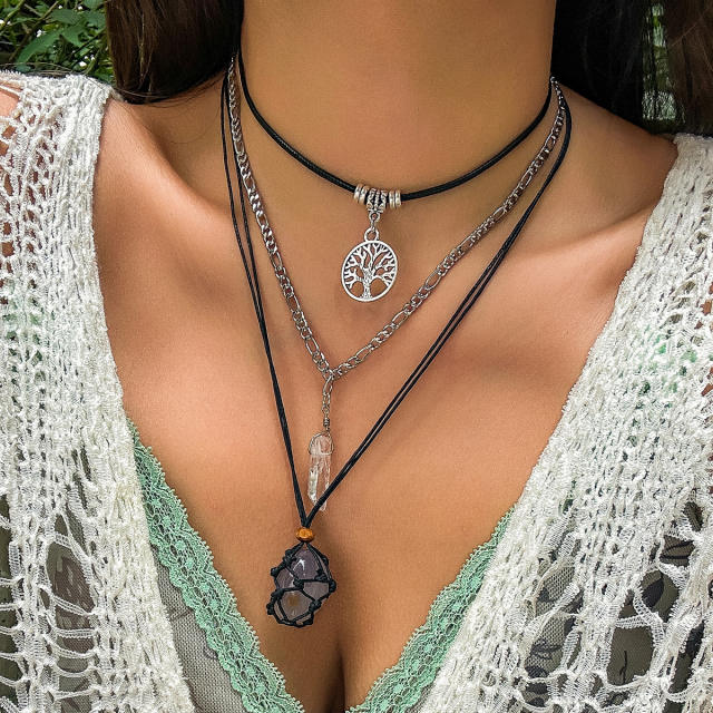 Vintage boho evil eye charm wax rope layer necklace for women