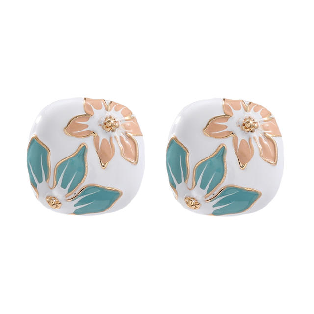 Fresh enamel flower white color metal studs earrings