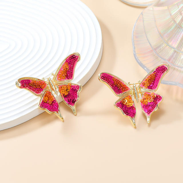 Hot sale rose red sequins butterfly stereo studs earrings