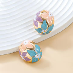Sweet enamel flower oval shape metal studs earrings