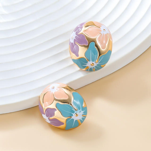 Sweet enamel flower oval shape metal studs earrings