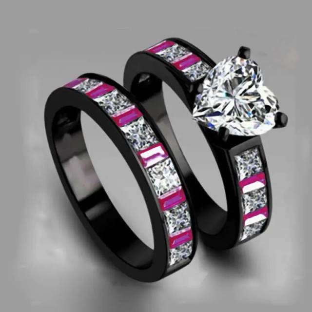 Classic black color personality punk trend diamond heart stackable rings