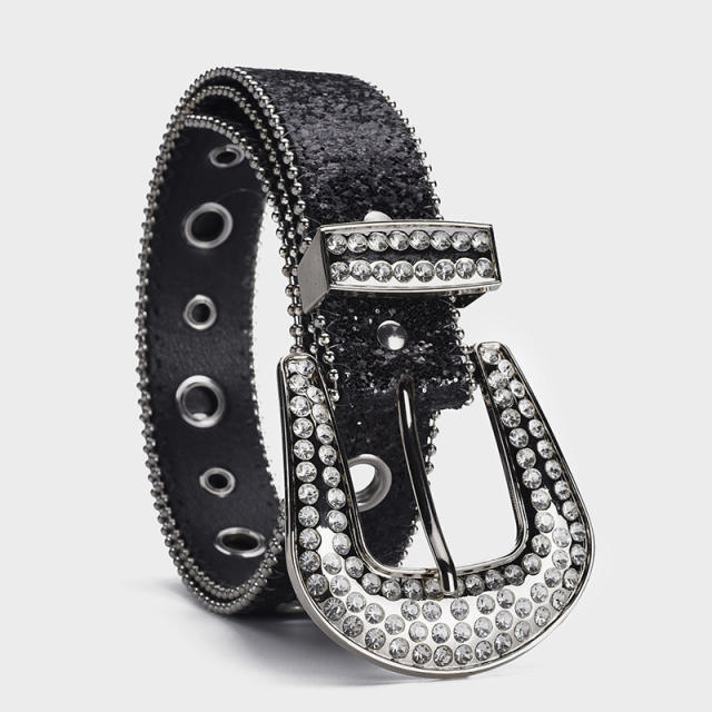 Punk trend rhinestone shiny PU leather buckle belt